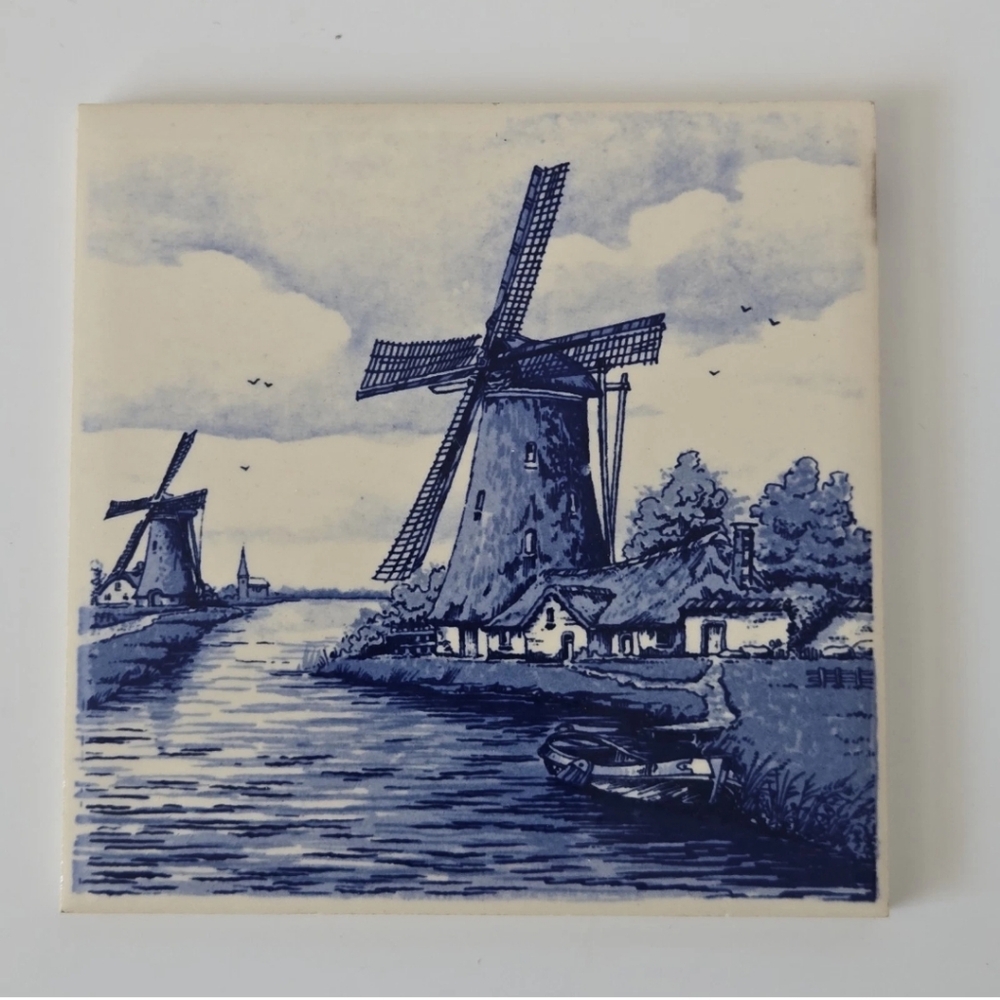 Delft Blue Handpainted Tile Coaster Made In England Windmill Scene Blue & White